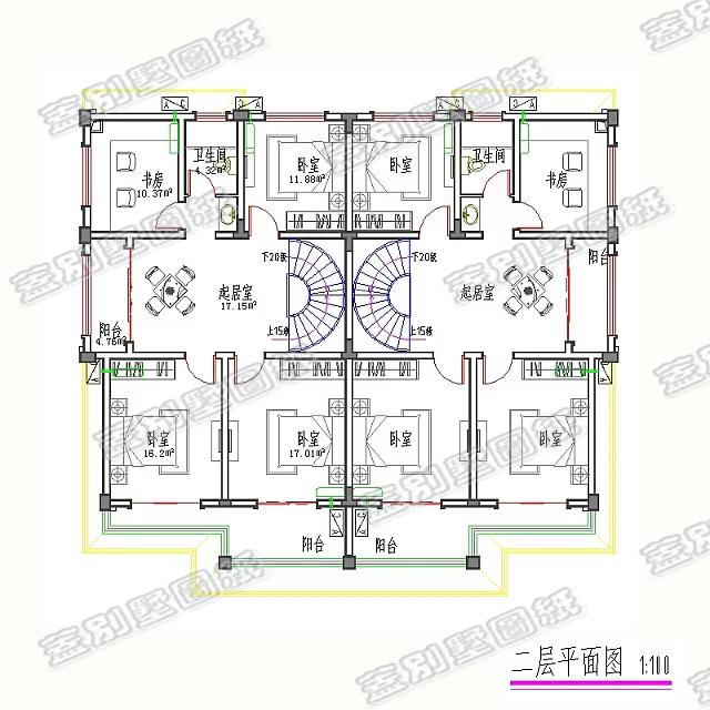 37萬二層雙拼別墅設計圖，單戶帶4臥，適合農村兩兄弟建造。