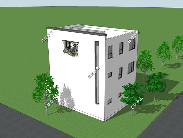 占地72平的三層純白現代別墅圖，外觀錯落有致，簡潔大方，現代感十足。