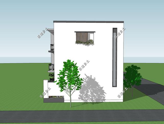 占地72平的三層純白現代別墅圖，外觀錯落有致，簡潔大方，現代感十足。