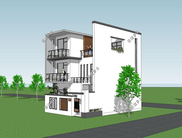 占地72平的三層純白現代別墅圖，外觀錯落有致，簡潔大方，現代感十足。
