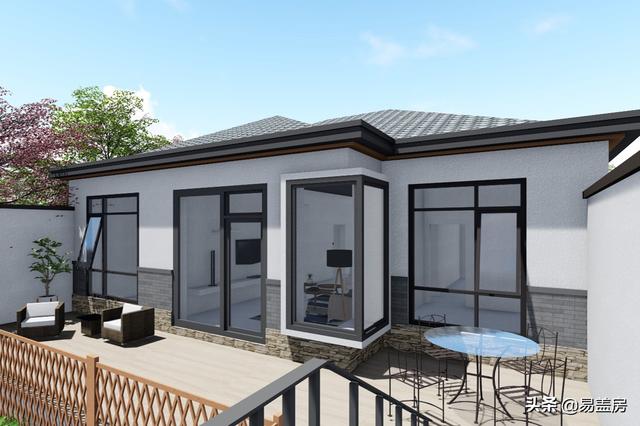 11.2m×12.5m北京一層現(xiàn)代別墅設(shè)計圖，造價21萬，落地窗大平臺真舒服