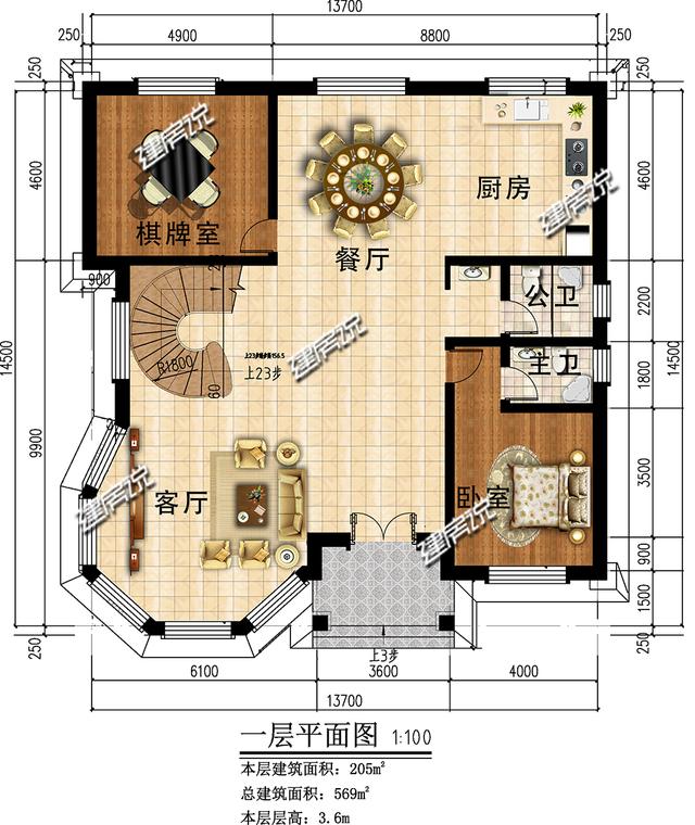 三層新型別墅，帶有挑空客廳和旋轉樓梯，時尚大氣。