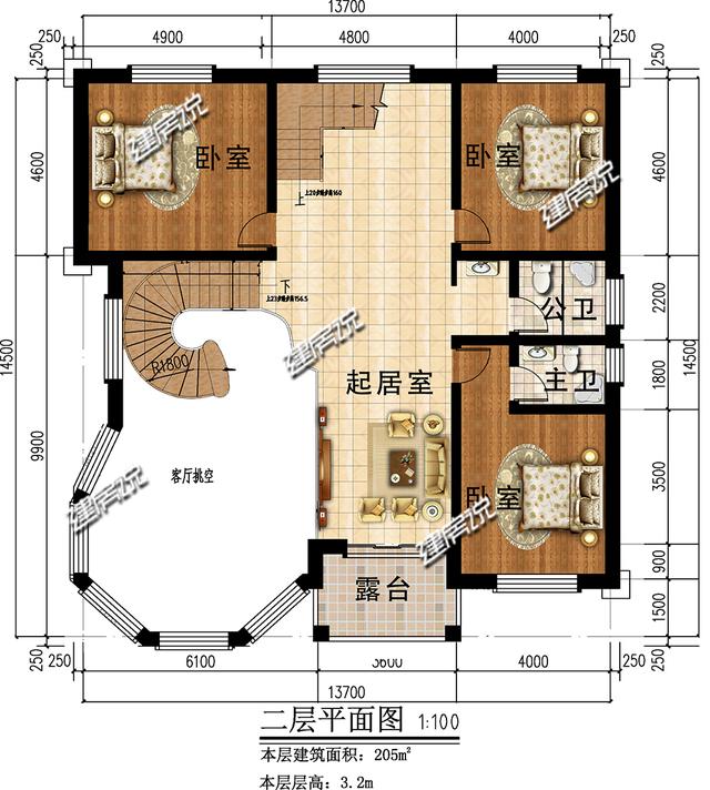 三層新型別墅，帶有挑空客廳和旋轉樓梯，時尚大氣。