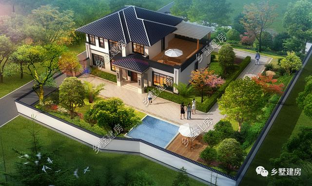 17.74X11.54米新中式二層別墅設計圖，帶泳池+庭院+露臺。