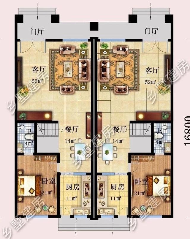 14.9X16.8米雙拼三層別墅設計圖，兄弟姐妹住在一起其樂融融。