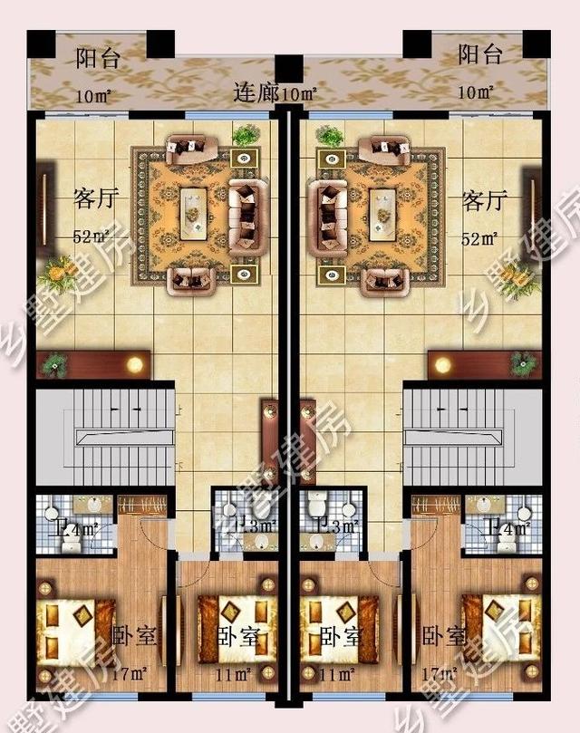 14.9X16.8米雙拼三層別墅設計圖，兄弟姐妹住在一起其樂融融。