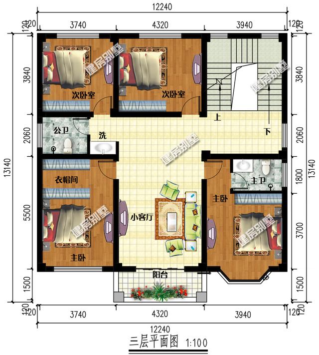 帶涼亭的四層農村別墅設計圖，在大露臺，內配11間臥室，業主嫌太少了。