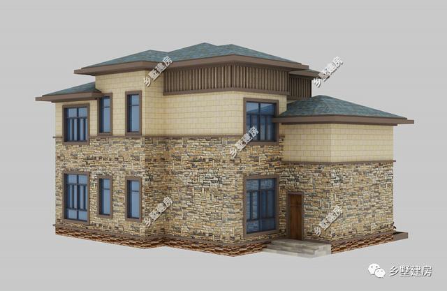 歐式現代二層小樓設計圖，主體使用石材，時尚大氣，錯落有致，別有一番風味。
