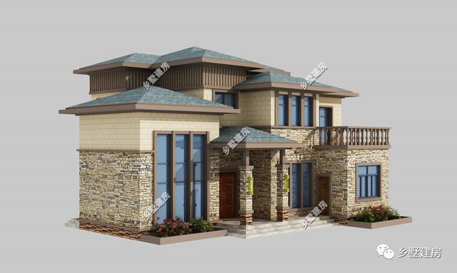 歐式現代二層小樓設計圖，主體使用石材，時尚大氣，錯落有致，別有一番風味。