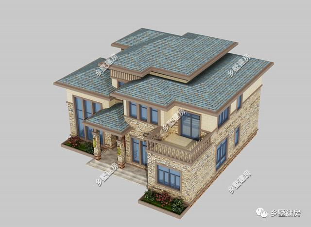 歐式現代二層小樓設計圖，主體使用石材，時尚大氣，錯落有致，別有一番風味。