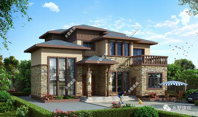 歐式現代二層小樓設計圖，主體使用石材，時尚大氣，錯落有致，別有一番風味。