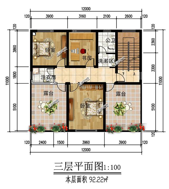 占地面積140米的三層歐式別墅設計圖，戶型方正，適合農村自建。