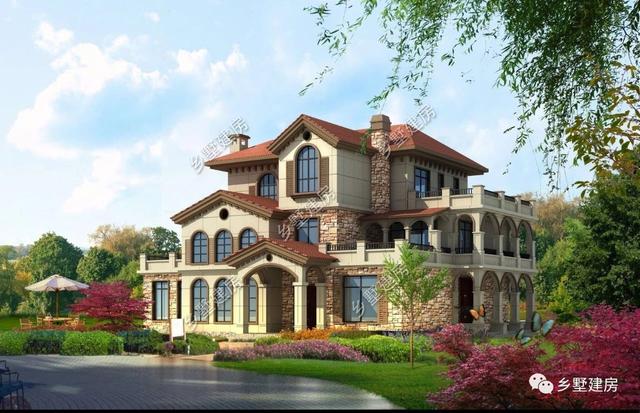造型別致，立面豐富的三層坡屋頂自建別墅設計圖，超適合農村生活