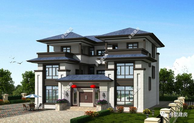 造型別致，立面豐富的三層坡屋頂自建別墅設計圖，超適合農村生活