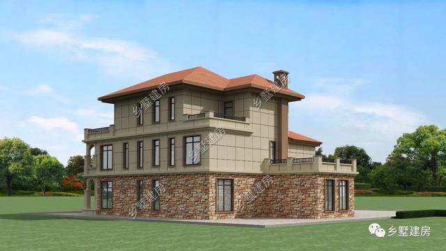 造型別致，立面豐富的三層坡屋頂自建別墅設計圖，超適合農村生活