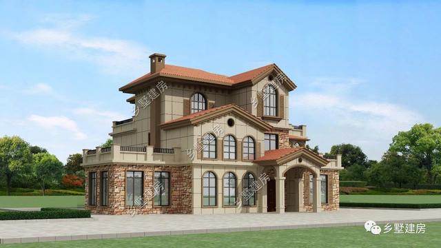 造型別致，立面豐富的三層坡屋頂自建別墅設計圖，超適合農村生活