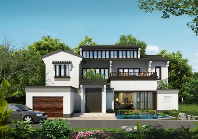 鄉村自建帶車庫中式風格小樓設計圖，大家風范！