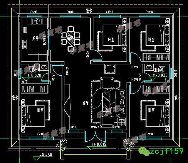 農村一層養老別墅設計圖，13x11米，戶型對稱，實用布局！