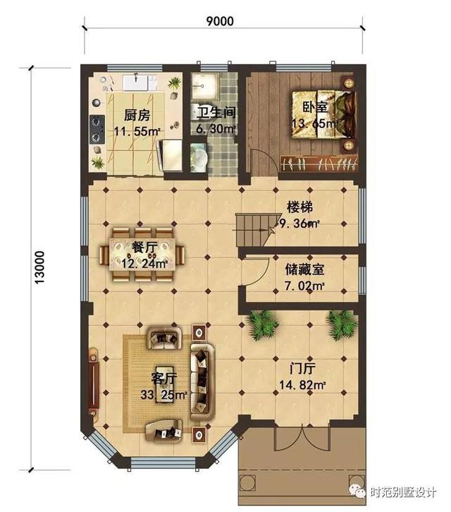 復式三層小別墅設計圖，9米小面寬帶陽光房，7室4廳，適合農村自建