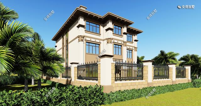 豪華3層歐式別墅設(shè)計(jì)圖，12x14室內(nèi)挑空大廳、超多臥室，驚艷全村