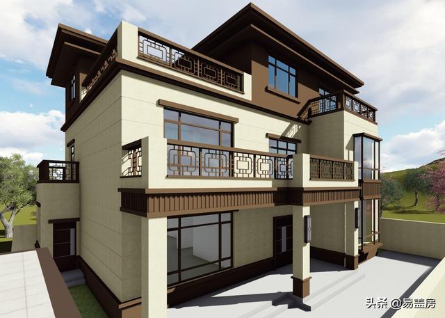 河南農(nóng)村大氣新中式別墅設(shè)計圖，3露臺7臥室庭院實用，60萬建成村內(nèi)最美