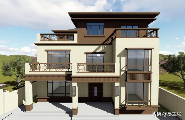 河南農(nóng)村大氣新中式別墅設(shè)計圖，3露臺7臥室庭院實用，60萬建成村內(nèi)最美