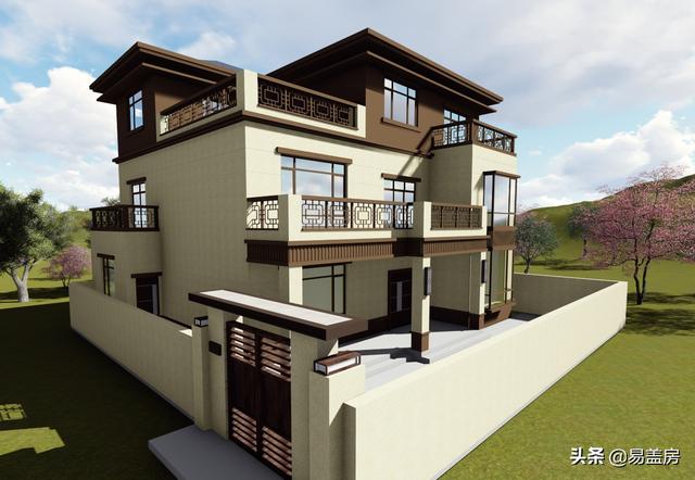 河南農(nóng)村大氣新中式別墅設(shè)計圖，3露臺7臥室庭院實用，60萬建成村內(nèi)最美