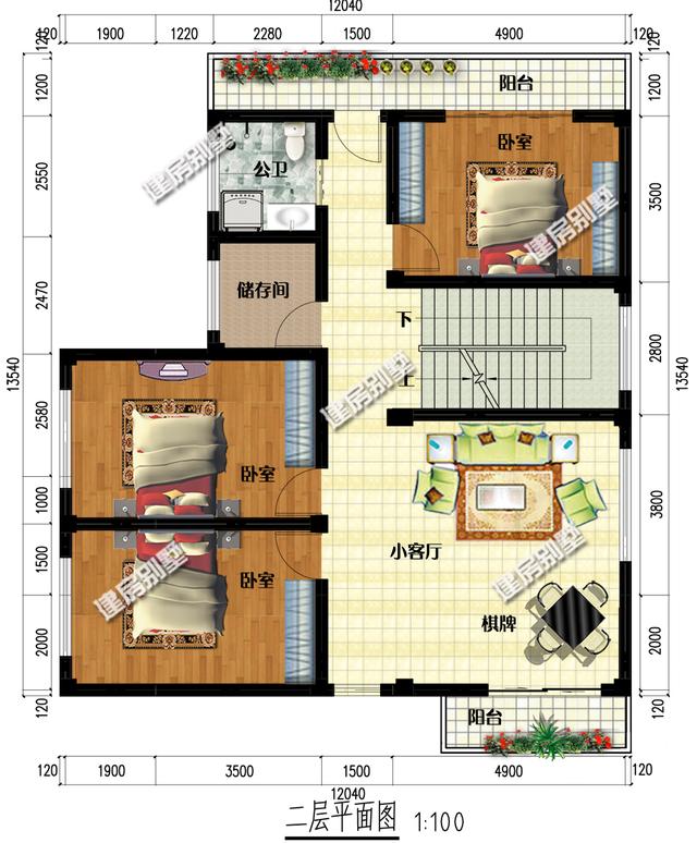 12x13.5三層簡單別墅設計圖，占地98平，二層空間超過140平