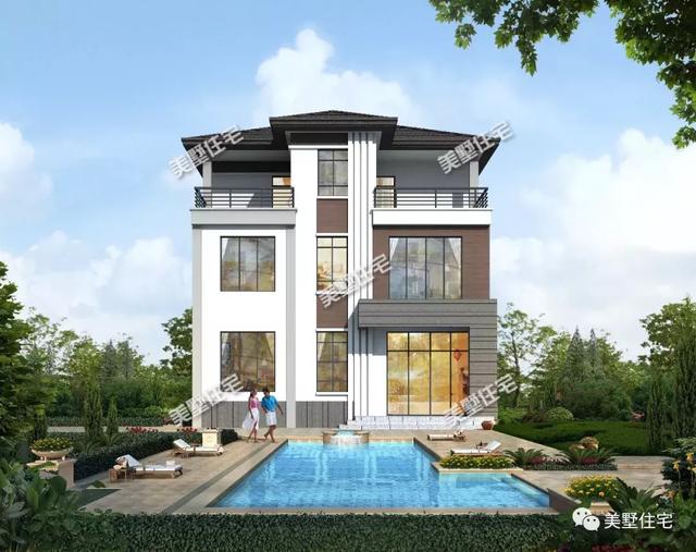 現代風別墅設計圖又出新款，占地116平帶挑高客廳和茶室，廚房另建