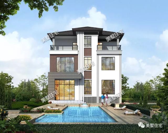 現代風別墅設計圖又出新款，占地116平帶挑高客廳和茶室，廚房另建