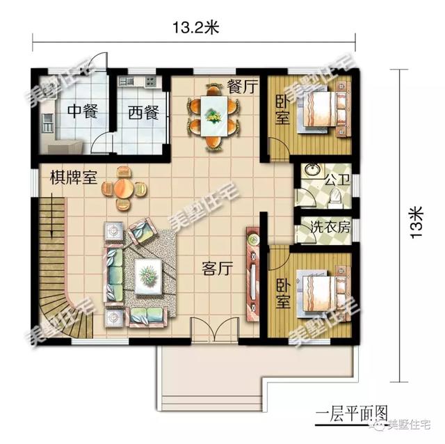 方正實用的二層小別墅設計圖，挑高客廳+中西雙廚，建議你別錯過