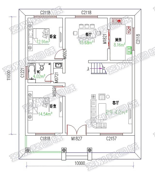 農村二層自建房設計圖，清新耐看，采光透氣，客廳中空設計，現(xiàn)代時尚