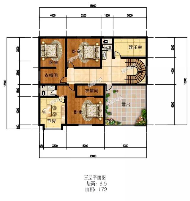 16X15三層歐式別墅設計圖，娛樂室+露臺+衣帽間，住的寬敞又舒適