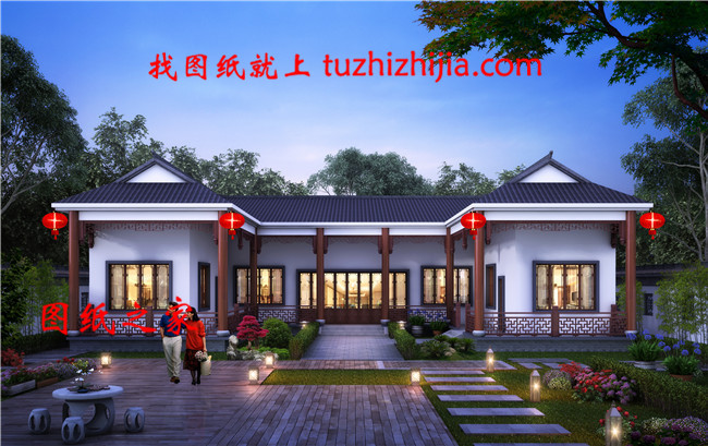 2019中式農(nóng)村一層三合院效果圖及施工圖，帶堂屋，比別墅舒服