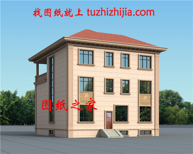 農村三間三層別墅設計圖，外觀造型色彩清新淡雅