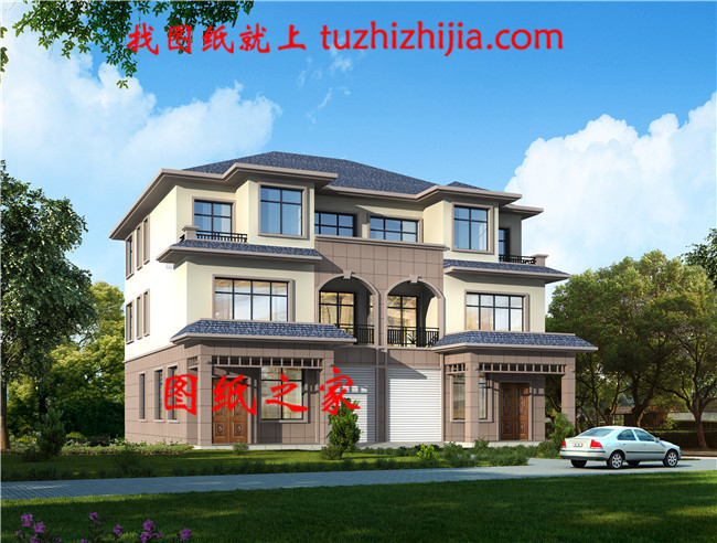   2019帶車庫三層雙拼別墅房屋設(shè)計圖，配色淡雅低調(diào)