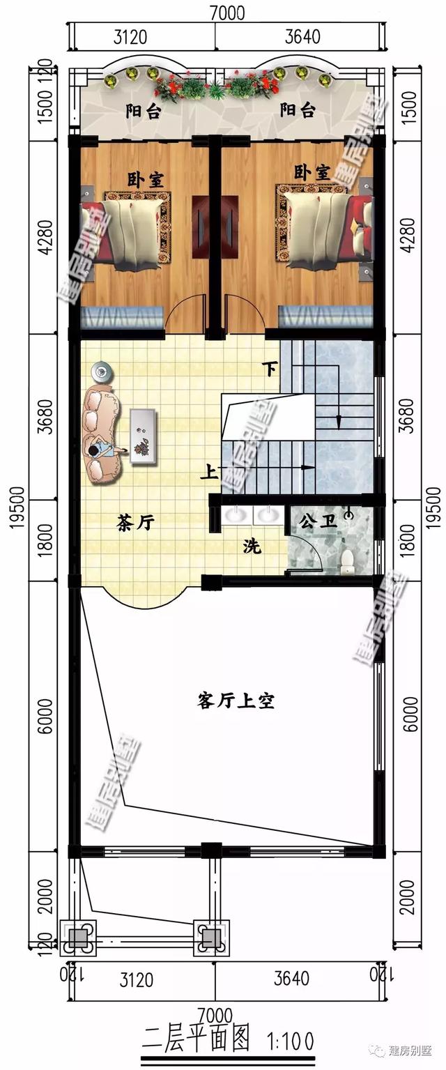 三層農村別墅設計圖，7×18米，小開間的平屋頂戶型，附裝修效果圖