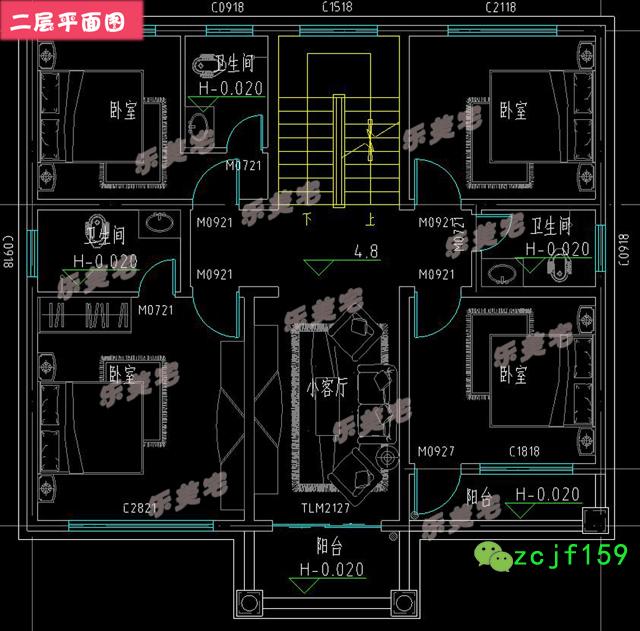 分享一款帶躍層設計的四層別墅戶型圖，農村、鄉鎮上都適合建筑