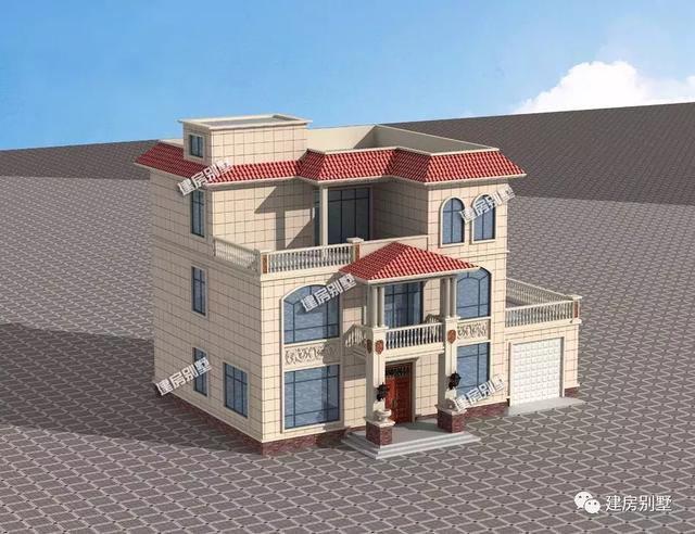 開間17.3×11.3米農村別墅設計圖，室外設有大露臺和較小的觀景式涼亭，涼亭處也可滿足下雨天的晾曬需要。