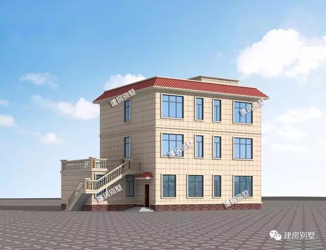 開間17.3×11.3米農村別墅設計圖，室外設有大露臺和較小的觀景式涼亭，涼亭處也可滿足下雨天的晾曬需要。