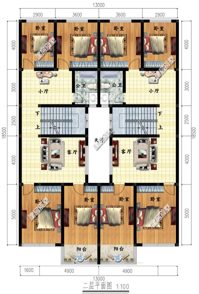 三層兄弟雙拼別墅設計圖，13×18.5，帶天井設計