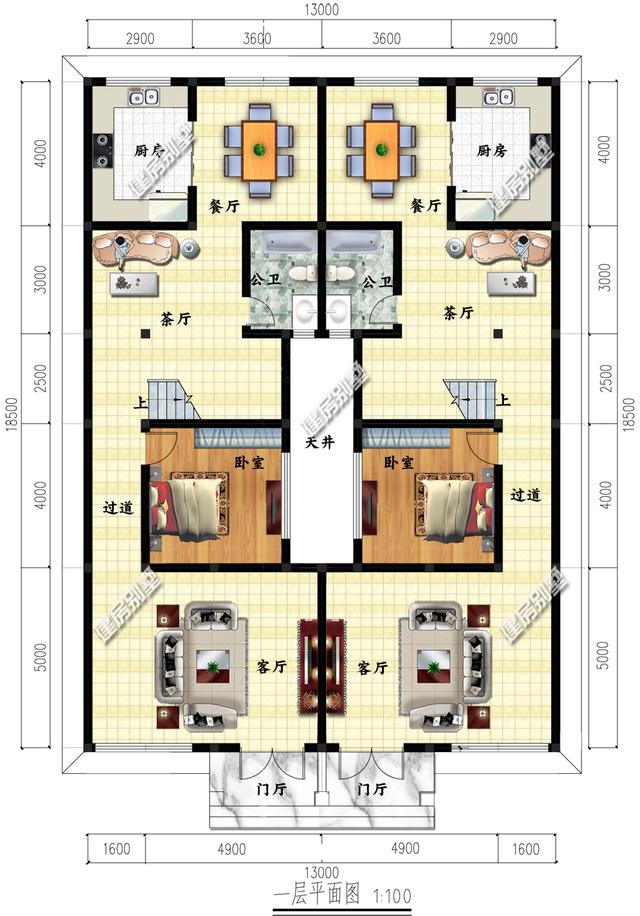 三層兄弟雙拼別墅設計圖，13×18.5，帶天井設計