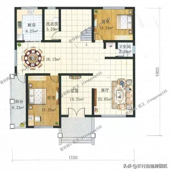 占地面積176平方米二層農村別墅設計圖，7間臥室多露臺，足夠三代同堂同住