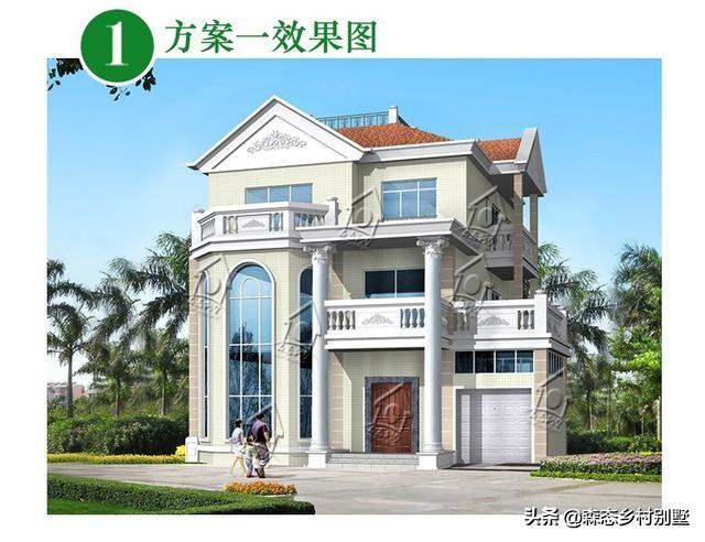 清新簡(jiǎn)約三層新農(nóng)村別墅設(shè)計(jì)圖，13.3X14.6米，帶車庫(kù)設(shè)計(jì)框架造價(jià)35萬(wàn)