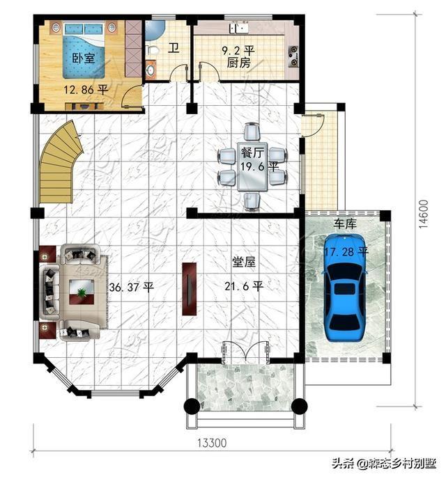 清新簡(jiǎn)約三層新農(nóng)村別墅設(shè)計(jì)圖，13.3X14.6米，帶車庫(kù)設(shè)計(jì)框架造價(jià)35萬(wàn)