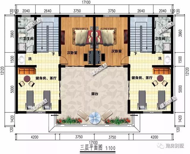四開間設(shè)計的三層雙拼別墅設(shè)計圖，兩戶家庭都有各自的獨立生活區(qū)域，又能保持一定的聯(lián)系性