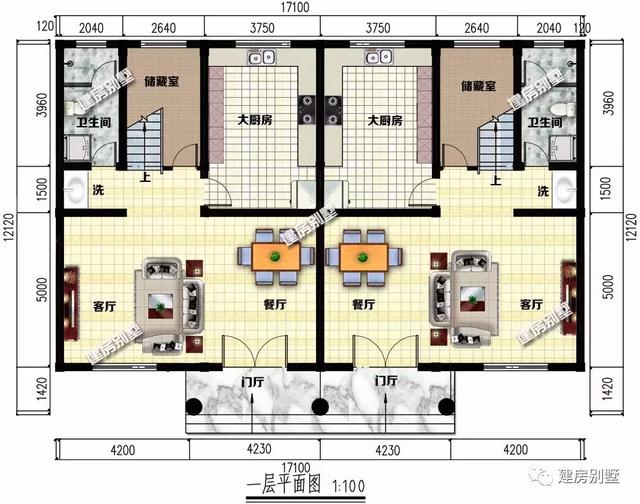 四開間設(shè)計的三層雙拼別墅設(shè)計圖，兩戶家庭都有各自的獨立生活區(qū)域，又能保持一定的聯(lián)系性