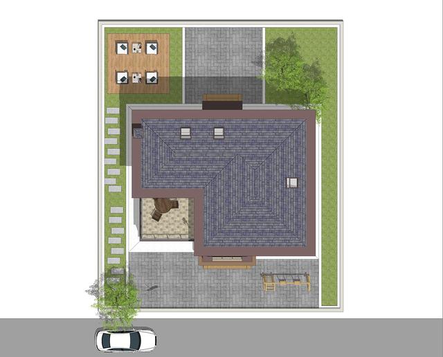 簡單實用造價不高的農村二層別墅設計圖，坐北朝南的庭院，南北通過主體建筑劃分為前后庭院。