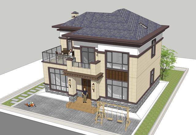 簡單實用造價不高的農村二層別墅設計圖，坐北朝南的庭院，南北通過主體建筑劃分為前后庭院。