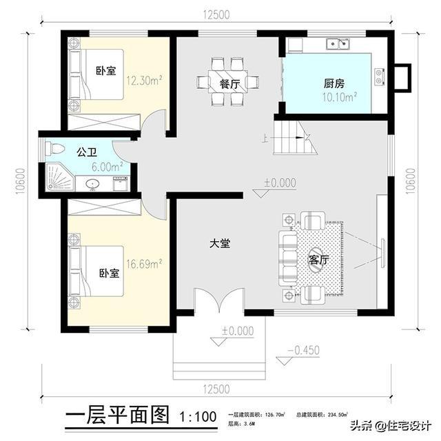 二層中式別墅帶露臺農村自建房設計圖，占地面積126平米，造價30萬左右。